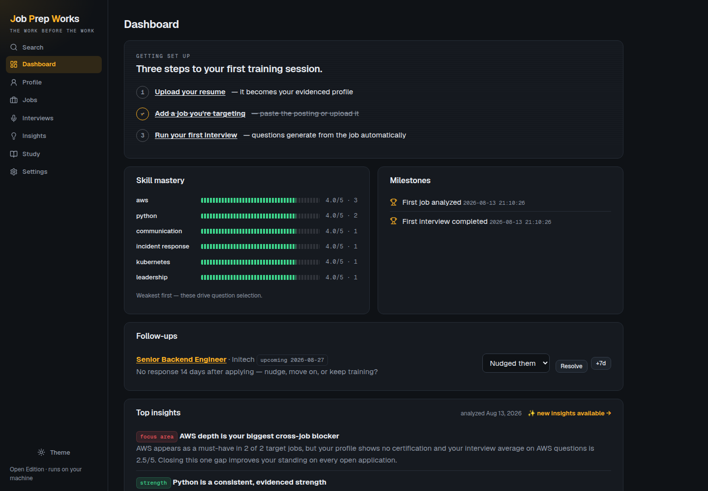 The JobPrep Works dashboard: setup checklist, skill-mastery bars, milestones, follow-up reminders, and cross-job insights.